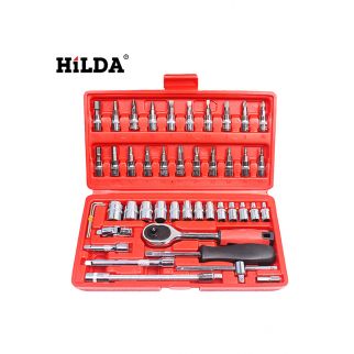 46-piece combination socket set includes a variety of sockets and accessories, providing versatility for various mechanical tasks and repairs.