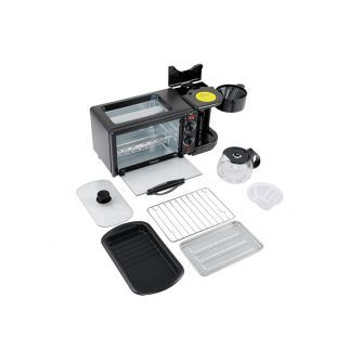 SK-145 black 3-in-1 multi-functional breakfast machine combines a non-stick griddle, oven tray, and coffee machine into one convenient appliance. With 1250W power, it offers versatility and efficiency for preparing a complete breakfast in one go.