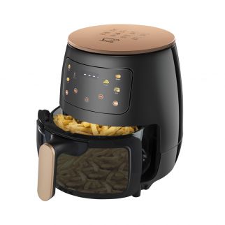 AF-1124 is a digital air fryer with 1400W power, a 4.5L capacity, and 6 presets, featuring rapid air technology and an LED display for crispy and healthy cooking options, suitable for frying, grilling, roasting, and baking.