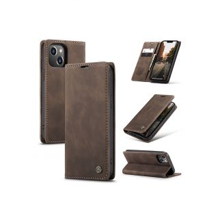 iPhone 14 6.1-inch leather wallet case features a card slot, magnetic closure, and flip fold design, providing both style and functionality in brown.