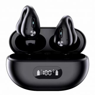Open-ear wireless bone conduction headphone ear clip sport headset in black offers a unique design that allows you to listen to music while staying aware of your surroundings. Perfect for sports activities,