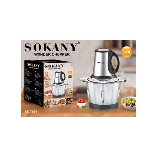 Black/silver SK-7011 meat grinder and food processor with 3 speeds, 3L capacity, 4 blades, and 500W power