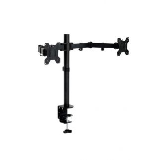 Dual monitor desk mount with fully adjustable arms, capable of holding 2 monitors up to 33 inches each. VESA compatible (75 * 75/100 * 100mm) with each arm supporting up to 8 kg. Mounted with a C-clamp base