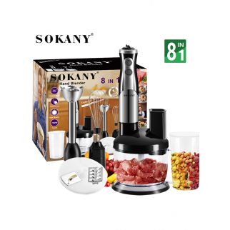 SK-5011-8 multifunctional food processor offers 8 functions including blending, chopping, and mixing, with a powerful 700 Watt motor and splash control feature, all in stylish black.