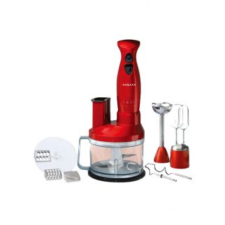SK-5011-7 is a red 7-in-1 multifunctional food processor that serves as a hand blender, chopper, and mixer. With 700 watts of power and splash control, it offers versatile and efficient food preparation.
