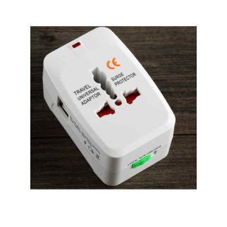 Universal all-in-1 UK plug travel adapter in white features two USB ports, providing versatile charging options for various devices during travel