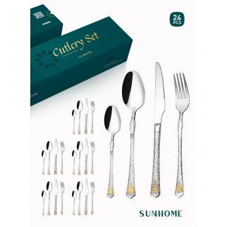 SUNHOME مجموعة أدوات المائدة الذهبية من الفولاذ المقاوم للصدأ، المكونة من 24 قطعة، الطراز F.