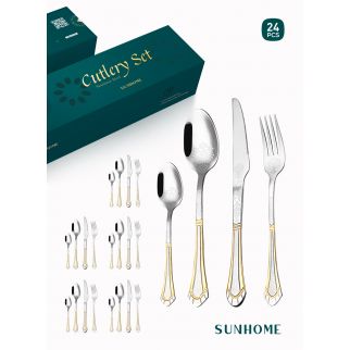 24 قطعة مجموعة أدوات الطعام من الفولاذ المقاوم للصدأ باللون الذهبي، المقدمة من SUNHOME، طراز C.