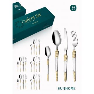 مجموعة أدوات طعام من الفولاذ المقاوم للصدأ باللون الذهبي، تتكون من 24 قطعة، من طراز A من SUNHOME.