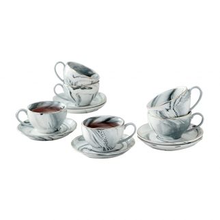 Set of 6 Pink Marble Design Coffee Cups and Saucers Style 2