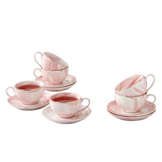 Set of 6 Pink Marble Design Coffee Cups and Saucers Style 1