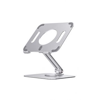 Aluminum tablet holder stand, featuring rotatable and height-adjustable capabilities, suitable for tablets under 14 inches, providing versatile viewing angles and ergonomic positioning.