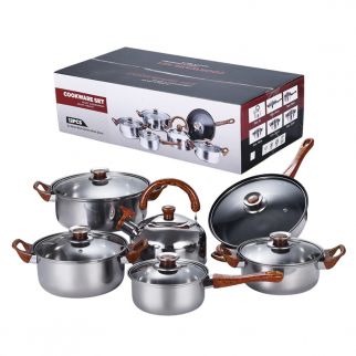 12-Piece Set with Wood Grain Handles: Thickened Stainless Steel Cookware Set Including Kettle, Milk Pot, Soup Pot, and Pan