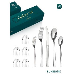 مجموعة أدوات الطعام من الفولاذ المقاوم للصدأ بـ 30 قطعة SUNHOME - فضي