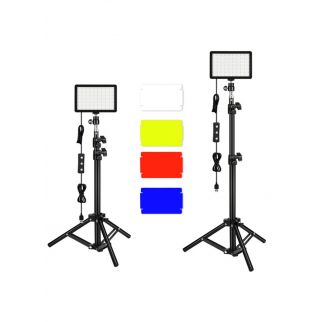 Package includes two dimmable 5600K USB LED video lights with adjustable tripod stands and color filters, ideal for tabletop or low-angle shooting. Offering colorful LED lighting, they enhance product, portrait, and video photography.