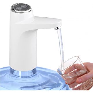 White rechargeable smart water pump dispenser for water bottles, featuring a 1200mAh battery and 4W power for convenient use