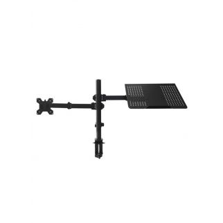 Single monitor arm mount comes with a laptop holder suitable for laptops up to 17 inches and monitors up to 32 inches. This setup offers ergonomic positioning for both devices, optimizing workspace efficiency and comfort.