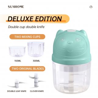 2-in-1 mini electric food chopper and mixer grinder, available in green and clear, offers convenient chopping and grinding capabilities with its 150ml and 300ml containers