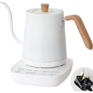 ZK-KH101 White, an electric gooseneck kettle, brews pour-over coffee and tea. Made of stainless steel, it rapidly heats 800ml with 1000W power