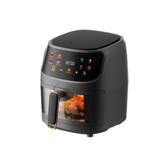 Black digital air fryer, model QF-305, with 2400W power and 8L capacity. Features 8 presets, rapid air technology, LED display, and is ideal for frying, grilling, roasting, and baking for crispy and healthy cooking