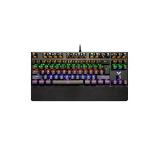 Wired gaming keyboard with 87 keys, featuring blue switch mechanical keys, hot-swappable design, RGB backlit, and a shoulder rest.