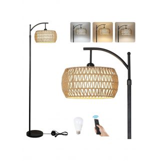 Arc Floor Lamp with Remote Control, Dimmable LED Floor Lamp with 3 Color Temperature, Black Standing Lamp with Rattan & Fabric Double Drum Shade, Boho Farmhouse Tall Pole Lamp for Living Room Bedroom