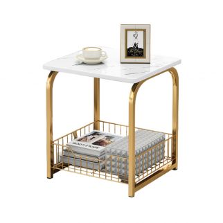 Modern End Table with Storage Basket: Marble Design, Perfect as a Sofa Side Table for Living Room Organization Model B