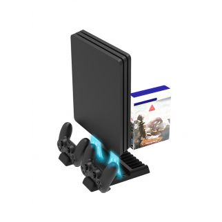 Vertical cooling fan station for PS4, compatible with PS4 Pro/Slim, featuring dual controller charger and 9 game slots for convenient storage