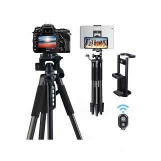 Foldable aluminum tripod comes with a remote control and gimbal, suitable for use with projectors, DSLR cameras, and phones. Its versatile design allows for stable positioning and easy adjustments, enhancing your photography or projection needs.