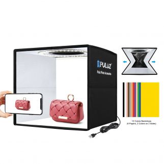 9.8-inch foldable portable photography light box is a lighting studio shooting tent box that comes with 12 color backdrops, providing versatile options for capturing high-quality images in various settings.