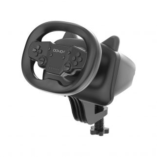 Black Bluetooth racing steering wheel with paddle shifters, offering wireless and wired dual-mode functionality for Nintendo Switch, PC, PS4, PS3, iOS/Android mobile phones, and tablets.