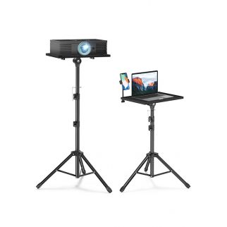 Adjustable tripod stand for projectors and laptops, featuring a phone holder, suitable for home, stage, or studio use