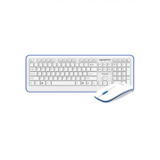 white and blue 2.4G wireless keyboard and mouse combo offers a USB compact full-size design suitable for Windows, computers, desktops, PCs, and notebooks. It provides convenient wireless connectivity and stylish aesthetics for efficient use.