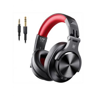 Black/red A70 wireless Bluetooth over-ear headphones with a shareport, featuring a 3.5mm/6.35mm stereo jack for compatibility with guitar amps, computers, PCs, tablets, and for use in home, office, and travel