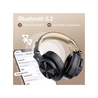 A70 Wireless Bluetooth over-ear headphones, in black gold, feature a Shareport and 3.5mm/6.35mm stereo jack for versatile connectivity. Ideal for various devices and settings.