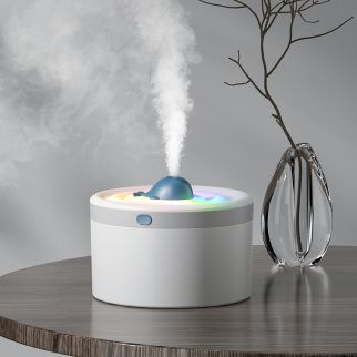 Blue/white YJ-J01 air humidifier with 2 speeds, 1.5L capacity, 2W power, and color-changing lights