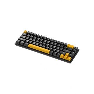 Black/yellow 65% wired gaming keyboard with blue switches, featuring RGB backlighting and 68 hot-swappable compact mechanical keys, suitable for PC gaming