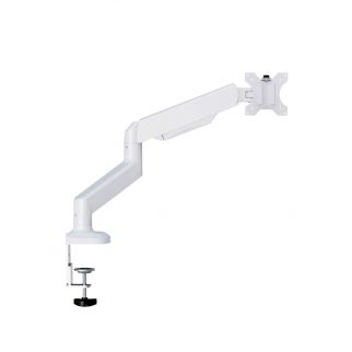 Single monitor mount stand featuring an articulating gas spring monitor arm, designed with a clamp base to fit 13 to 32 inch LCD computer monitors for versatile positioning