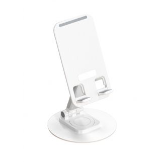 Aluminum rotatable phone stand and tablet holder offer versatility for mobile phones, tablets, and Switch consoles, providing sturdy support in white
