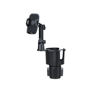 Black 2-in-1 car phone holder and car cup holder with 360° adjustability for versatile and convenient use in your vehicle
