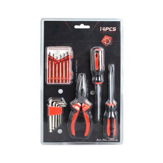 Household tool kit consisting of 14 pieces for various home repair and maintenance tasks.