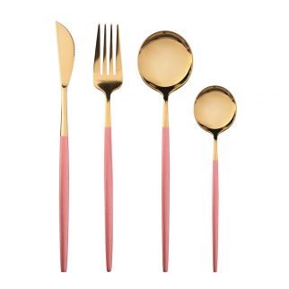 Elegant Pink and Gold Stainless Steel Cutlery Set, Ideal for Stylish Dining, Complete with Four Essential Pieces