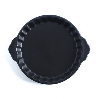 8-Inch Ceramic Round Oven Dish with Chrysanthemum Pattern and Handle Color Black