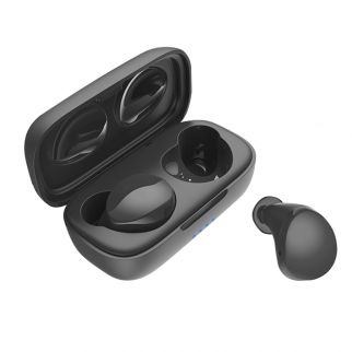 Black D8 waterproof wireless in-ear earbuds with a charging case, providing convenient and reliable audio enjoyment on the go