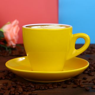 A 90 ml glass coffee cup with a saucer.