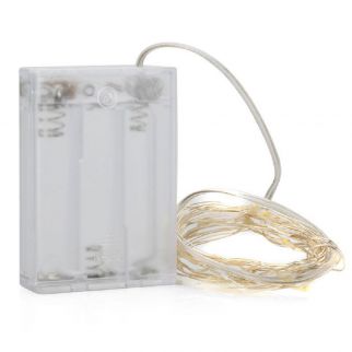 Flexible silver copper wire lamp with a 5-meter length, powered by 3AA batteries, enclosed in a transparent battery box