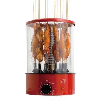 Red electric 360° automatic rotating smoke-free grill BBQ machine, featuring a rotisserie function, timed operation, and 1100W power, model TK-12D