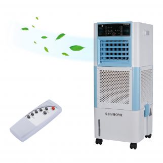 White and blue 3-in-1 multifunctional fan air humidifier and air cooler with remote control, offering 3 speeds, 18L capacity, and 90W power