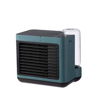 3-speed mini desktop portable negative ion air cooler fan humidifier, in green, offers efficient cooling and humidification with a built-in night light feature, powered by a 2000mAh battery.