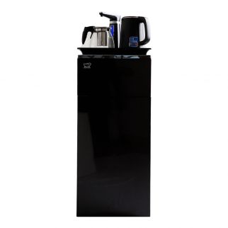 YR-1 is a new design household and office upright automatic water dispenser with a built-in tea bar machine, featuring a tea pot and an electric kettle with 1350W power, ideal for convenient hot beverage preparation in black.